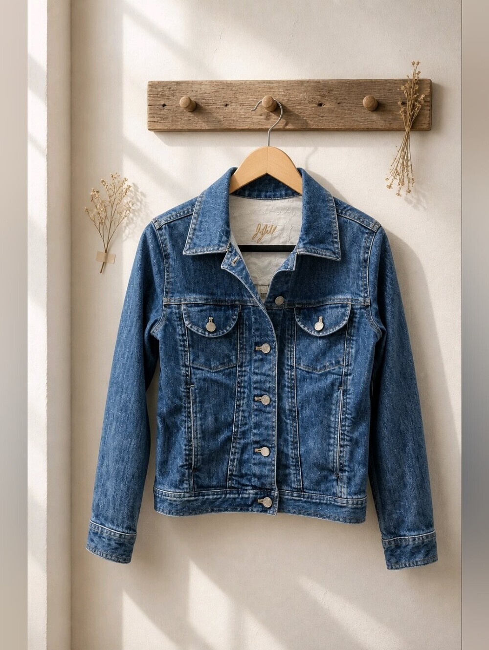 J. Jill Blue Denim Trucker Jacket Sz XS Medium Wash Silver Logo Buttons